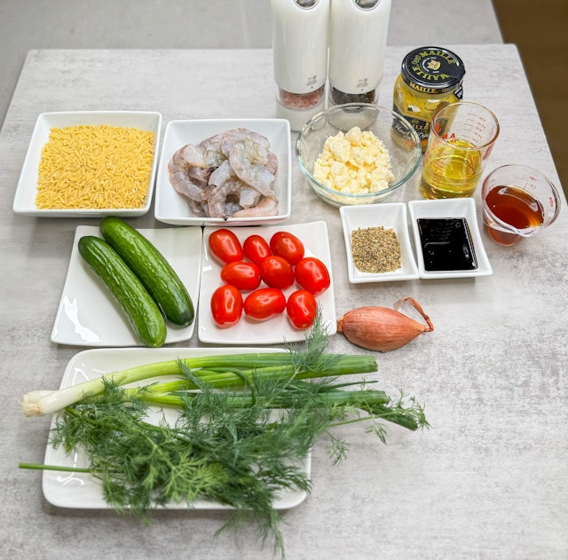 Image of ingredients of Shrimp Orzo Salad